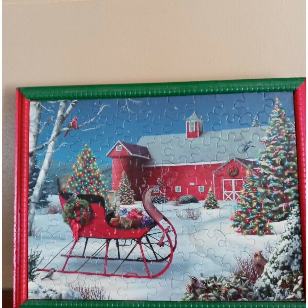 Hand Crafted Christmas Winter Wonderland Framed Jigsaw Puzzle Artwork 13"x9"